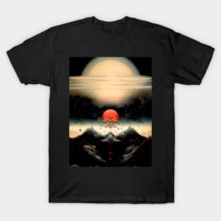 Japanese Geometry 7: Red Moon Landscape on a Dark Background T-Shirt